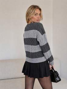 Wixra Women Round Neck Color Block Stripe Cable Knit Cardigan Long Sleeve Button Down Loose Short Knit Jacket - Grey - View 2