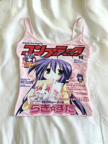 女款粉色聚酯纖維細肩帶背心，動漫雜誌印花，短版，高彈性，夏季必備 - 淺粉色 - 查看 1