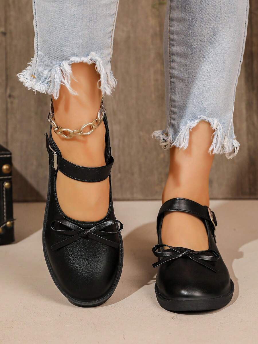 Japanese Style Mary Jane Leather Shoes For Women, Fashionable Bowknot Flat Shoes, Versatile For Skirts, Student Style - Black - View 1