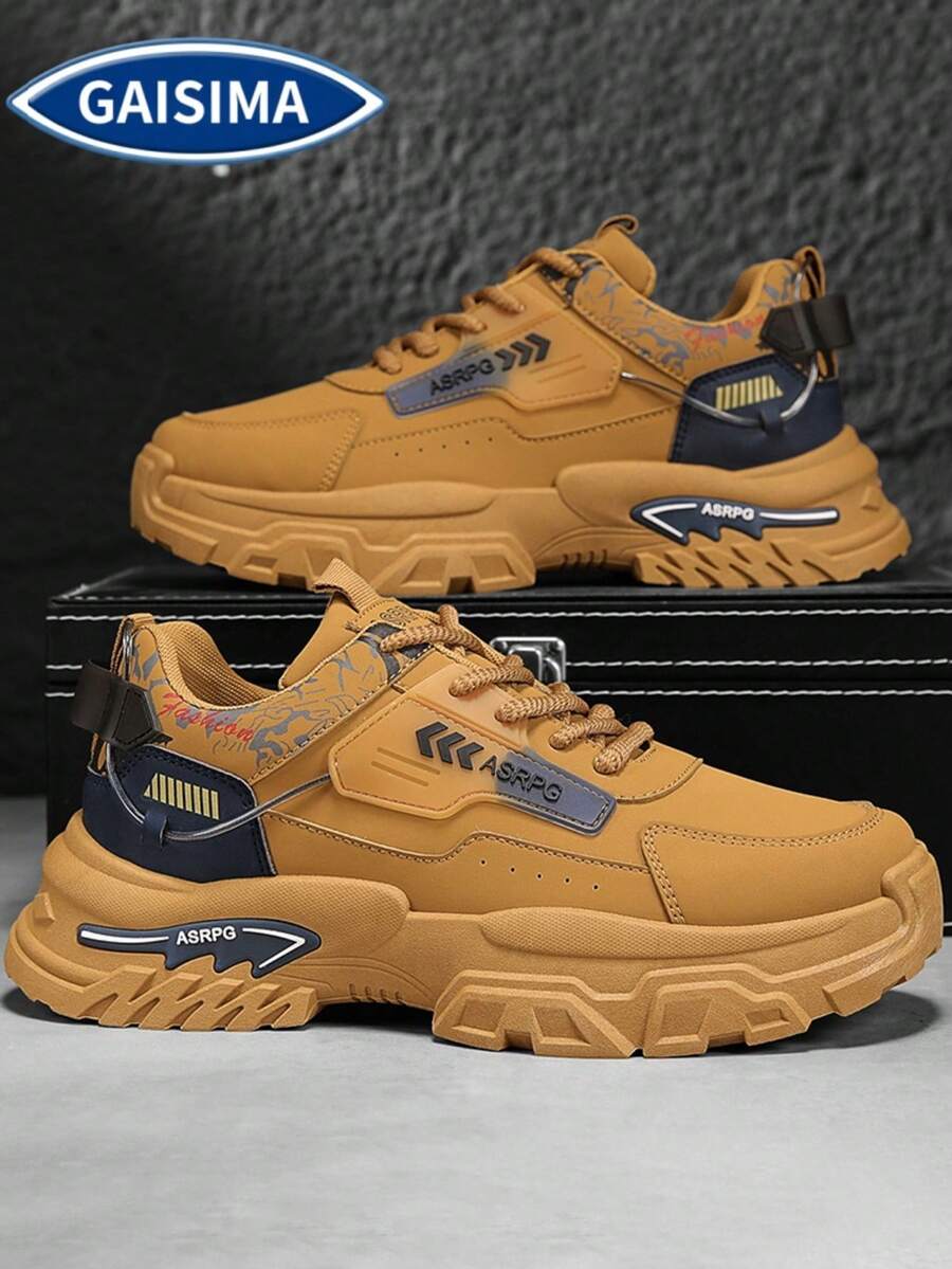 GAISIMA Sepatu Sneakers Chunky Sol Tebal Motif Grafiti Huruf Ukuran Besar Pria, Sepatu Sneakers Sol Tebal Gaya Fungsional, Cocok untuk Hiking Sehari-hari, Musim Semi, Musim Gugur, dan Musim Dingin - Coklat - View 1