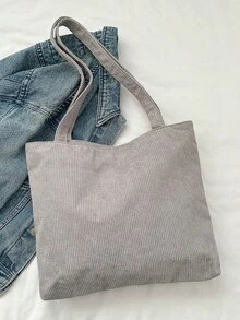 Corduroy Solid Color Shoulder Tote Bag, Minimalist Casual Storage Bag With Solid Color Label - Light Grey - View 7
