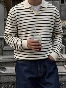 Men's Horizontal Striped Knit Polo Sweater, Vintage Autumn/Winter Contrast Color Airplane Collar V-Neck Long Sleeve Layering Top - Apricot - View 4