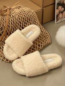 2026 New Women's Winter Thick Sole Fuzzy Slippers, Autumn New Slouchy Slip-On Fine Faux Fur Slippers, Spring/Autumn Indoor Home Flat Versatile Retro Office Beige Slippers - Beige - View 4