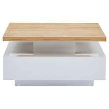 Multifunctional Square 360° Swivel Coffee Drawer, White High-Gloss 2-Tier Centrally Swivel Table And Storage Cabinet, Walnut Particle Board Frame Living Room Side Table, White - Walnut + White - View 8