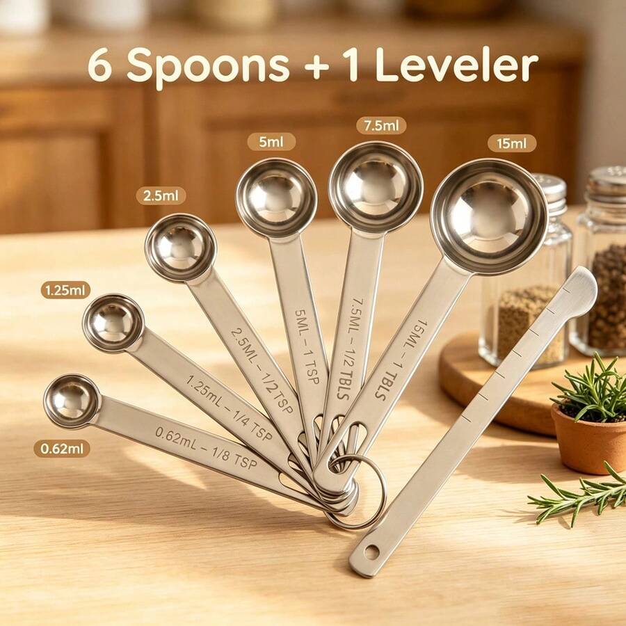 7-Piece Stainless Steel Measuring Spoons - 6 Sizes, Clear Markings, One-Piece Forged For Enhanced Strength, Polished Long Handle, Metal Hanging Ring, Easy To Clean, Suitable For Baking, Cooking, Meal Prep, Kitchen Essential