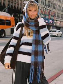 1pc Thick Mohair Blue & Coffee Large Plaid Tassel Scarf, Contrast Blue & Brown Checkered Retro Colorway, Smooth Skin-Friendly Warm Fabric,Halloween - Blue Plaid - View 5