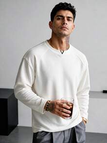 Blueprint Man 1pc Men's White Long Sleeve T-Shirt, Vertical Ribbed Ribbed Texture Fabric, 260g/M² Heavyweight Fabric, Minimalist Pullover T-Shirt, Crew Neck With Small V-Neck Detail, Solid Color Minimalist Style, Daily Commute, Casual Outings, Old Money Style - White - View 1