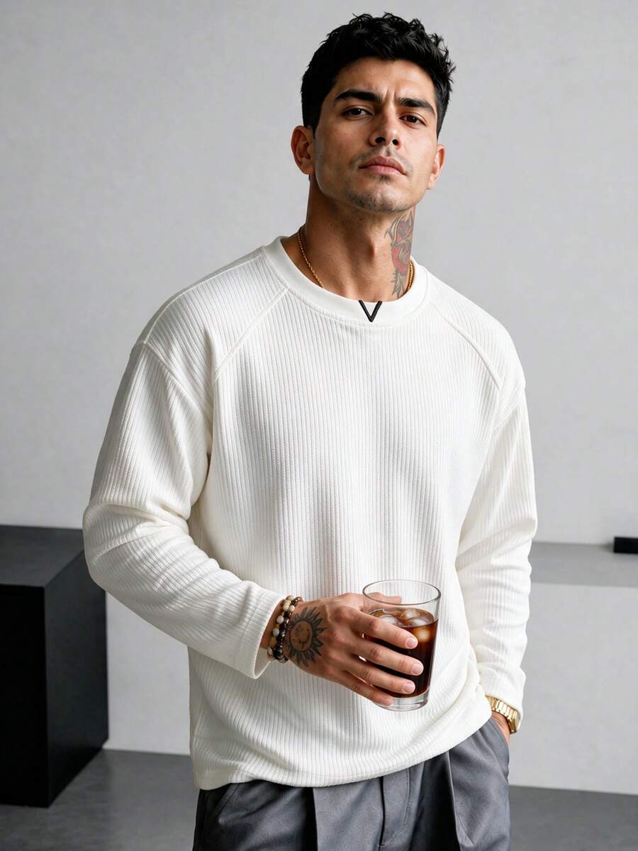 Blueprint Man 1pc Men's White Long Sleeve T-Shirt, Vertical Ribbed Ribbed Texture Fabric, 260g/M² Heavyweight Fabric, Minimalist Pullover T-Shirt, Crew Neck With Small V-Neck Detail, Solid Color Minimalist Style, Daily Commute, Casual Outings, Old Money Style - White - View 1