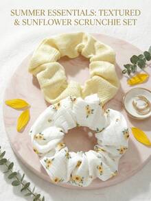 2pcs/Set Women & Girls Floral Embroidered Hair Scrunchies, Cute Sunflower & Solid Color Knitted Hairbands, Soft Elastic Hair Ties For Ponytail - 2pcs - View 2