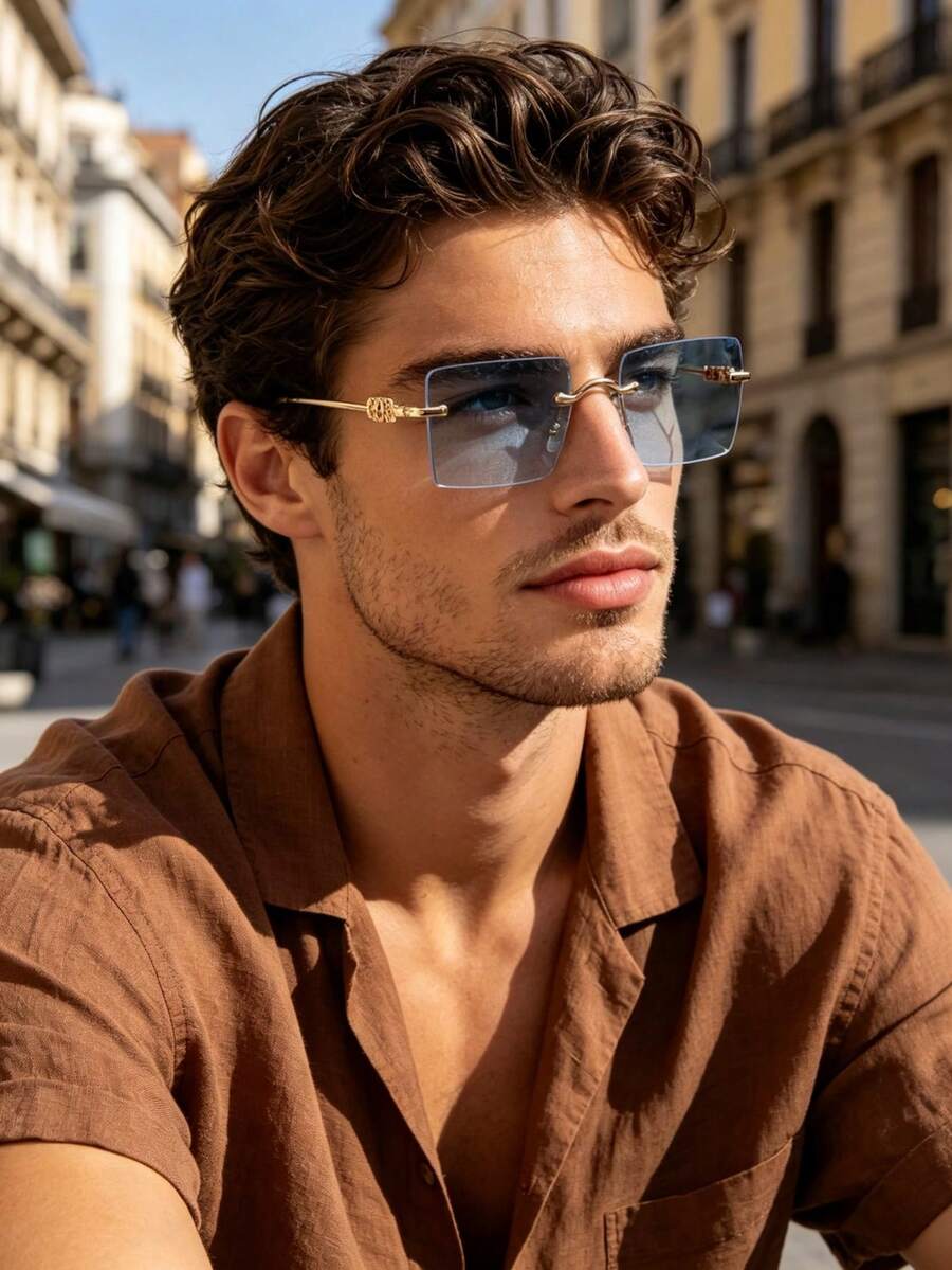 1 Pair Men's Rectangular Sunglasses, Perfect Blend Of Unique Design And Classic Charm, Suitable For Vacation Outfits, Parties, Daily Life, Outdoor Activities, Fits All Face Shapes - Multicolor - View 1