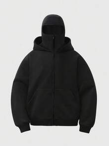 Men Full Zip‑Up Hoodie With Built‑In Face Mask Solid Color Drop‑Shoulder Loose Casual Jacket - Black - View 3