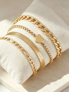 Gold Chain Bracelet Set For Women, Dainty Stackable Bracelets With Cuban Link, Herringbone, Heart Charm & Paperclip Chain, Layered Jewelry - Yellow Gold - View 3