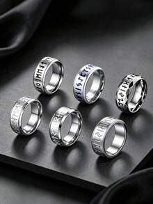 6pcs 8mm Silvery Vintage Viking Rune Stainless Steel Men's Rings, Unisex Jewelry Accessories, Special Couple Rings, Jewelry Suitable For Daily Parties - Silver - View 8