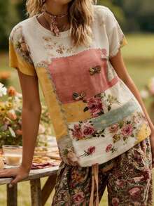 Sweater Kasual Retro Motif Bunga Ukuran Besar untuk Wanita - MultiWarna - View 3