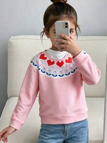 Young Girls Heart & Flower Pattern Knit Sweater Top, Comfortable To Wear, Autumn/Winter - Pink - View 1
