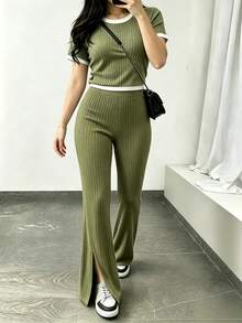 Women Two-Piece Outfits - Olive Green - View 3