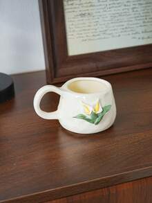 3D Embossed Calla Lily Ceramic Coffee Mug, Cream White Textured Handmade Porcelain Tea Latte Cup, Vintage French Style Large Handle Drinking Cup For Home Table Decor & Gift - Multicolor - View 5