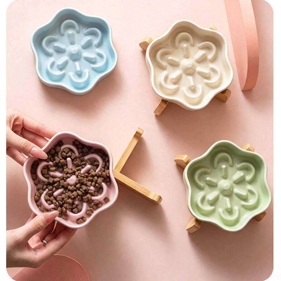 Flower-Shaped Slow-Cooking Bowl - Ceramic Anti-Tip Dog And Cat Bowl With Rack - Anti-Choking Slow-Feeding Pet Food Dish - Small Dog Food Bowl - 250ml - View 1