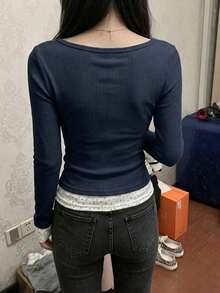 女款 2-In-1 層次感 T-Shirt，甜辣風花卉針織長袖上衣，百搭通勤襯衫，夏季 - 藏蓝色 - 查看 5