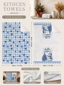 2pcs Winter Watercolor Blue Plaid Christmas Tree Snowman Hello Winter Text Kitchen Towels, 40*60cm Soft Microfiber Material Tea Towels, Suitable For Home Kitchen Restaurant Outdoor Camping Tabletop Cleaning Dish Cloth Hand Towel Accessories, Christmas Theme Kitchen Towels Holiday Gift - Multicolor - View 3