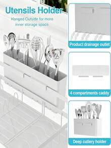 Dish Drying Rack For Kitchen Counter, Large‑Capacity Metal Dish Rack With Drainboard & Utensil Holder,Kitchen Storage Rack, Direct Water Drain To Sink, Space Saving,Anti‑Slip Dish Organizer For Plates Bowls Cups, 3 Colors Available White/Gray/Black - View 8