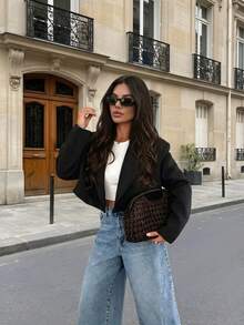Women's Minimalist Vintage Casual Elegant Black Short Blazer Jacket Long Sleeve, Suitable For Spring Autumn Winter, Suitable For Daily Casual, Also Suitable For Work Business Party, Commute Office Outfit - Black - View 2
