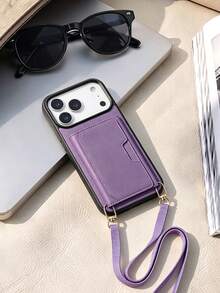 1件紫色高級PU多功能時尚錢包式Apple手機殼，可用作手機支架、零錢包和卡夾，Apple 17 Pro Max手機殼附可拆卸手機掛繩，新穎Apple 17手機殼掛飾，半包防摔保護殼，相容Apple 16手機殼，可用作迷你智慧型手機肩背包，新穎Apple 13手機殼 - 紫色 - 查看 8