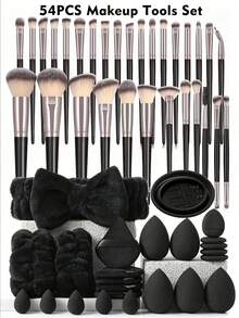 BAILIFOREVER 30/54pcs Black Professional Makeup Brush Set, Includes Blending Brushes And Powder Puffs - Black - View 1