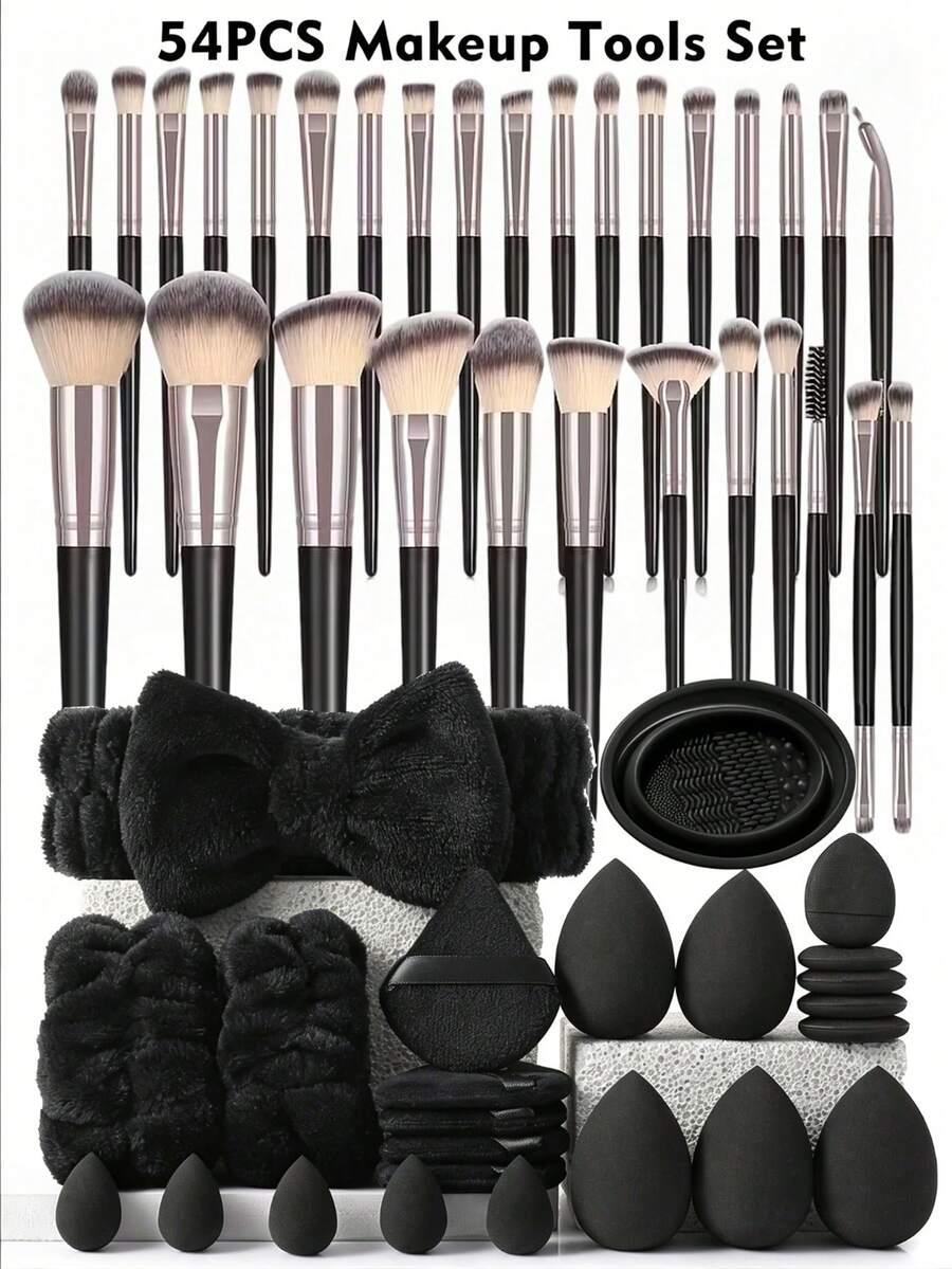 BAILIFOREVER 30/54pcs Black Professional Makeup Brush Set, Includes Blending Brushes And Powder Puffs - Black - View 1