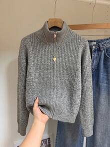 Women's Half-High Collar Zip-Up Knit Sweater, Slouchy Lantern Sleeve Pullover - Grey - View 4