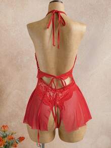 SOFUSEN Lencería Teddy de encaje sexy para mujer, ropa de dormir sexy, lencería Babydoll sexy - Burdeos - Ver 2