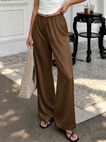 Celana Panjang Wanita Cokelat Satin Elastis Pinggang Tinggi Model Bootcut Warna Polos Kasual Longgar - Coffee Brown - View 7