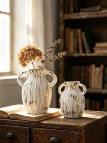 1pc Double Handle Ceramic Vase, Wabi-Sabi Textured Flower Vase For Home Decor - 1PC - View 2