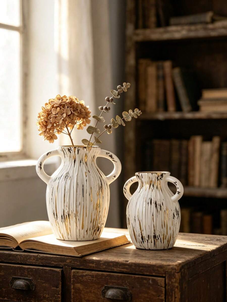 1pc Double Handle Ceramic Vase, Wabi-Sabi Textured Flower Vase For Home Decor