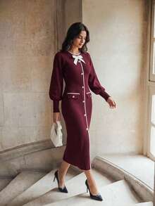 Women's Knit Dress With Contrast Trim, Bow Detail And Button Front - Burgundy - View 2