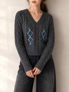 Women's New Autumn/Winter Vintage Grey Cable Knit Pullover Sweater, Long Sleeve, Front Embroidery, Short Length, Slightly Elastic Knit Top - Grey - View 1