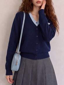 Women's Autumn/Winter Minimalist Casual Slimming V-Neck 2 In 1 Cardigan Knit Sweater Jacket - Navy Blue - View 4