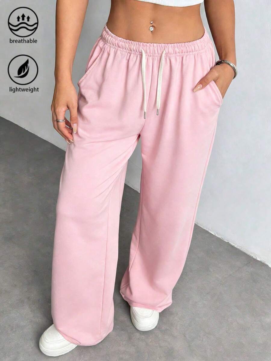 Women's Straight Leg Casual Sweatpants, Fashionable Minimalist Elastic Waist With Side Pockets Sports Pink - Pink - View 1