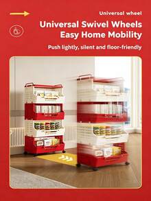 1pc Dopamine Red & White Color Block Rolling Cart Storage Rack, Multi-Layer Living Room Sundries & Snacks Organizer, Highly Attractive Foldable Storage Cabinet - Multicolor - View 8