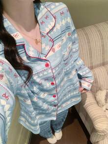 2pcs Women's Pajama Set, Lapel Cardigan Asymmetrical Print Long Sleeve, Suitable For All Seasons - Multicolor - View 7