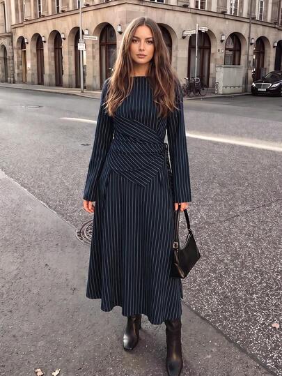 Women's Spring/Autumn Long Dress, Boat Neck Long Sleeve Criss-Cross Side Tie Waist Flared Dress, Elegant Casual Commute Outfit
