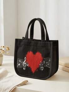 1pc Love Print Corduroy Tote Bag, Snap Button Closure Cute Handbag, Reusable Lunch Tote Bag For Student School Daily Outdoor Shopping Use - Black - View 12