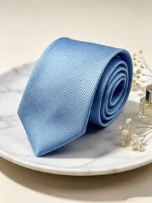1pc Solid Color Men's Tie, Diagonal Ribbed Business Formal 8cm Hand-Tied Necktie, Suitable For Business Casual, Dinner, Travel And Daily Wear - Baby Blue - View 3