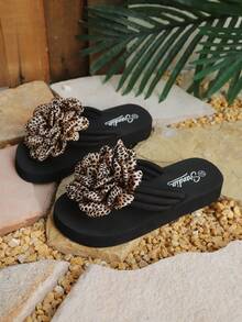 New Fashion Versatile Leopard Print Camellia Vintage Ruffled Women's Flip Flops Beach Sandals Spring Summer - Coffee Leopard Print Rose - View 6