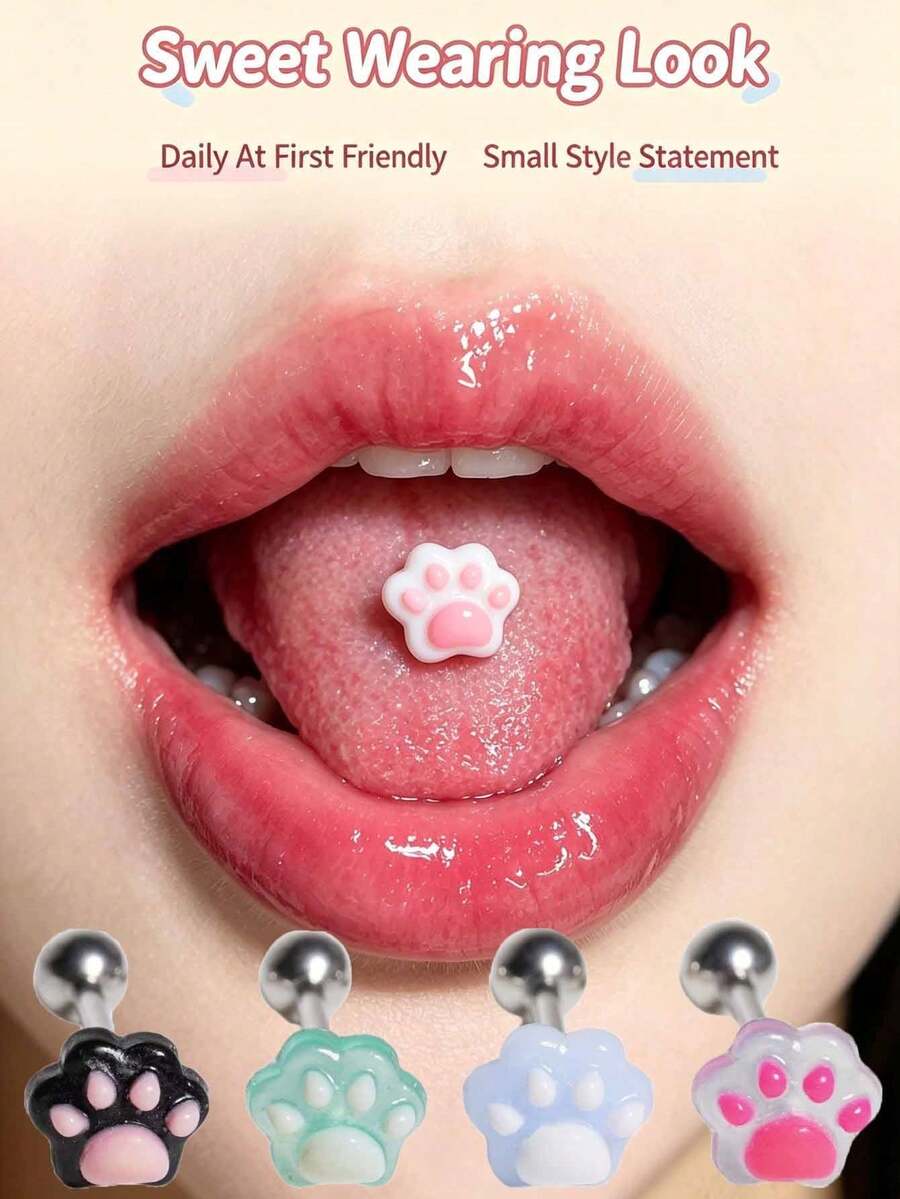 Multi-Color Cute Cat Paw Stainless Steel Tongue Stud Resin Piercing Jewelry Unisex - Multicolor - View 1