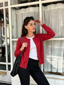 Women's Autumn/Winter Elegant Casual Knit Cardigan, Solid Color Minimalist Round Neck Same-Color Button Knit Cardigan, Suitable For Daily Commute And Outings - Red - View 3
