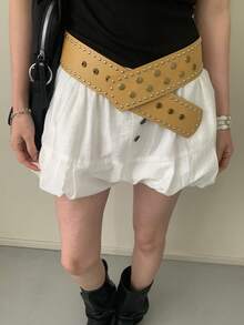 1pc Yellow Women's PU Faux Leather Vintage Bohemian Style Double-Row Rivet Solid Color Wide Snap Button Versatile Waist Belt - Yellow - View 3