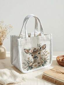 1pc Cartoon Animal Print Corduroy Tote Bag, Snap Button Closure Cute Handbag, Reusable Lunch Tote Bag For Student School Daily Outdoor Shopping Use - Multicolor - View 8