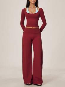 TimeOff Setelan Wanita Satu Set Musim Gugur/Dingin 2 In 1 Warna Blok Lengan Pendek dan Panjang dengan Celana Panjang Lebar - Merah - View 8