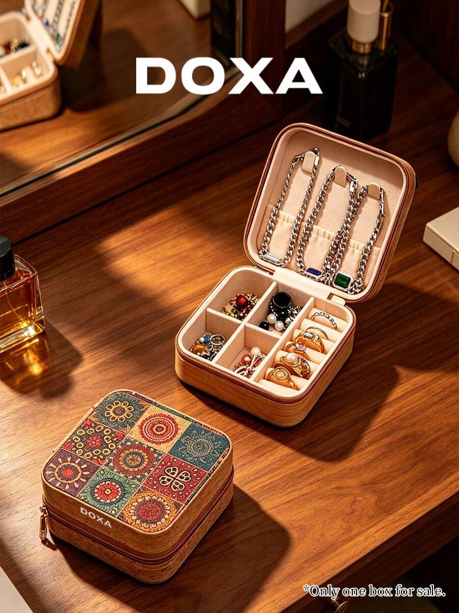 DOXA Vintage Print Portable Jewelry Box, Travel Zipper Jewellery Storage Case, Compact Display Organizer For Rings Necklaces Earrings - Brown 4 - View 1